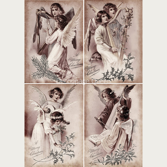 Rice paper featuring 4 scenes of sepia-toned vintage angels playing harps with Christmas greenery in color.