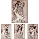 Rice paper featuring 4 scenes of sepia-toned vintage angels playing harps with Christmas greenery in color.