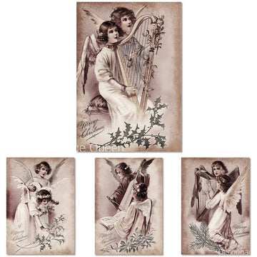 Rice paper featuring 4 scenes of sepia-toned vintage angels playing harps with Christmas greenery in color.