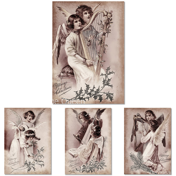 Rice paper featuring 4 scenes of sepia-toned vintage angels playing harps with Christmas greenery in color.