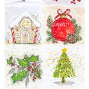 Close-up of a rice paper featuring 6 drawings of Christmas trees, ornaments, gingerbread houses, and more.