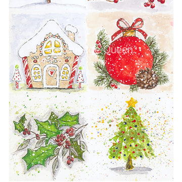 Close-up of a rice paper featuring 6 drawings of Christmas trees, ornaments, gingerbread houses, and more.