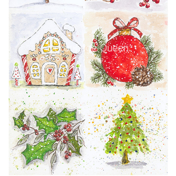 Close-up of a rice paper featuring 6 drawings of Christmas trees, ornaments, gingerbread houses, and more.