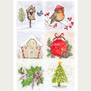 Rice paper featuring 6 drawings of Christmas trees, ornaments, gingerbread houses, and more.