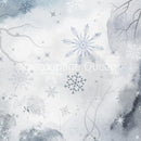 Close-up of a rice paper design that features wintery hues of blue and gray with snowflakes.