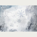 Rice paper design that features wintery hues of blue and gray with snowflakes. White borders are on the top and bottom.