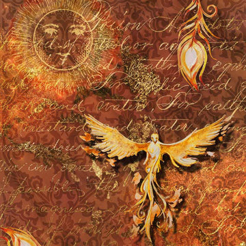 Close-up of a rice paper featuring a fiery phoenix and feathers dancing against a burnt orange scrolling flourish pattern background with script writing and a sun.