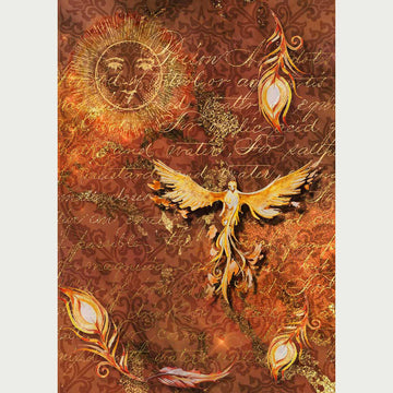 Rice paper featuring a fiery phoenix and feathers dancing against a burnt orange scrolling flourish pattern background with script writing and a sun. White borders are on the sides.