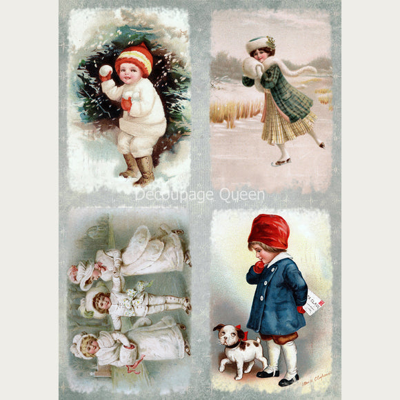 Rice paper featuring 4 adorable vintage images of children at Christmas time.