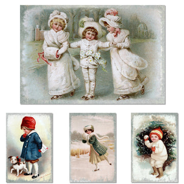Rice paper featuring 4 adorable vintage images of children at Christmas time.