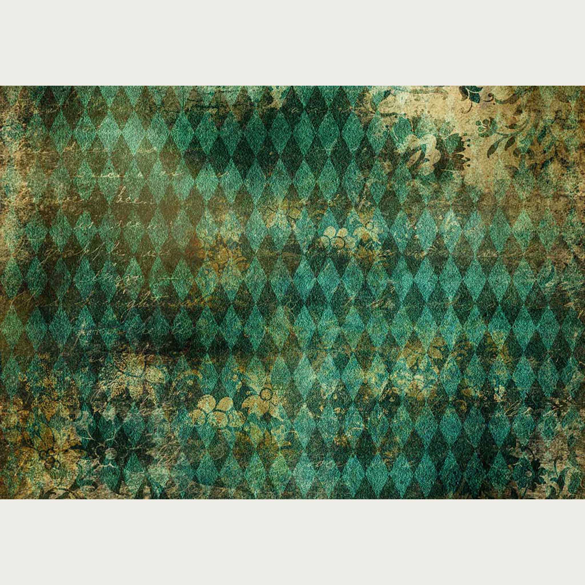 Rice paper featuring a vintage print of teal harlequin and a distressed sepia overlay. White borders are on the top and bottom.