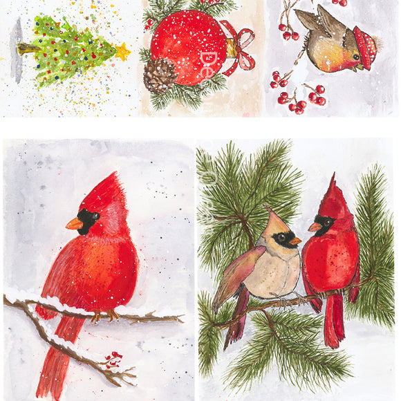 Close-up of a rice paper featuring drawing of 8 festive images featuring cardinals, Christmas trees, and ornaments.