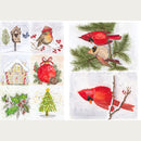 Rice paper featuring drawing of 8 festive images featuring cardinals, Christmas trees, and ornaments.