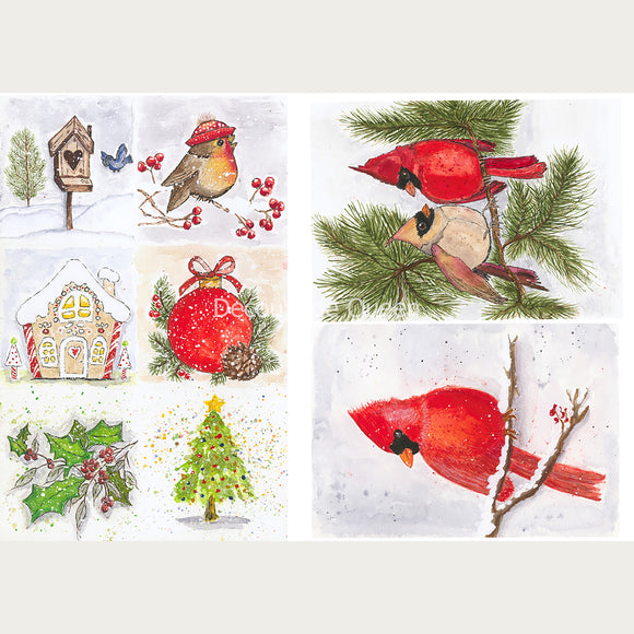 Rice paper featuring drawing of 8 festive images featuring cardinals, Christmas trees, and ornaments.