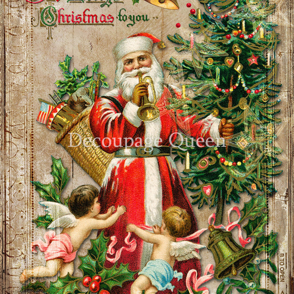 Close-up of a rice paper design that features Santa with 2 cherubs, a decorated Christmas tree, and holly berries.