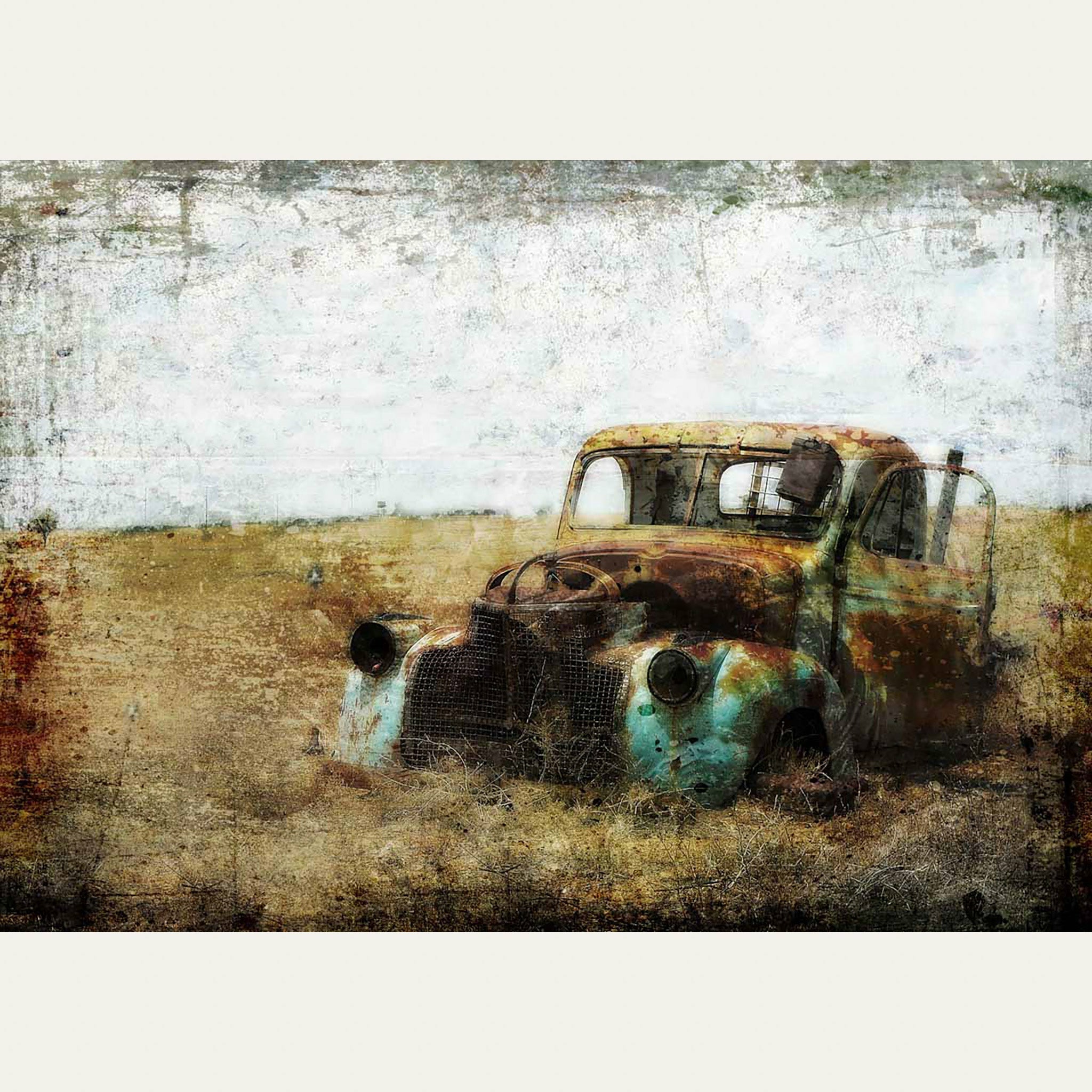 Vintage style Abandoned car A2 Decoupage Rice Paper. White borders on the top and bottom.