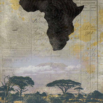 Close-up of a rice paper featuring a large silhouette of Africa above a safari landscape against a vintage document.
