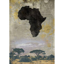 Rice paper featuring a large silhouette of Africa above a safari landscape against a vintage document. White borders are on the sides.