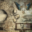 Close-up of a rice paper featuring steampunk airships against a vintage mathematical document.