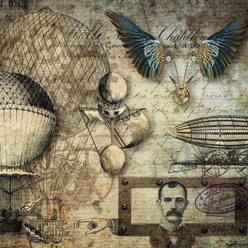 Close-up of a rice paper featuring steampunk airships against a vintage mathematical document.