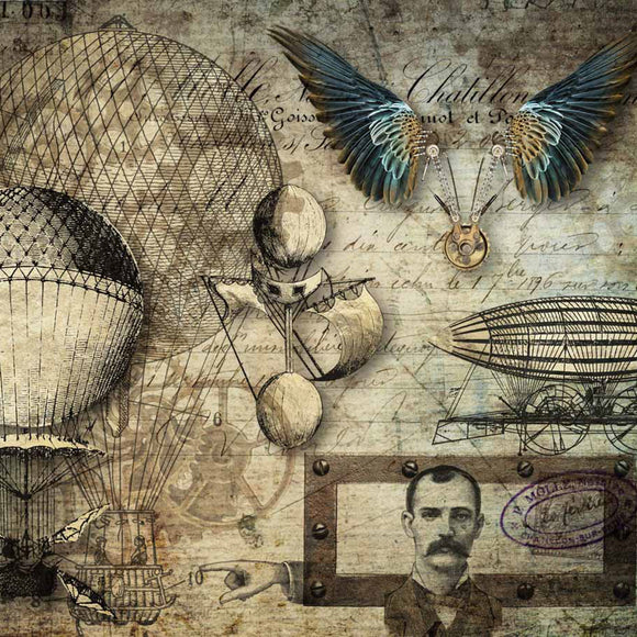 Close-up of a rice paper featuring steampunk airships against a vintage mathematical document.