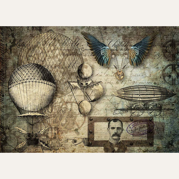 Rice paper featuring steampunk airships against a vintage mathematical document. White borders are on the top and bottom.