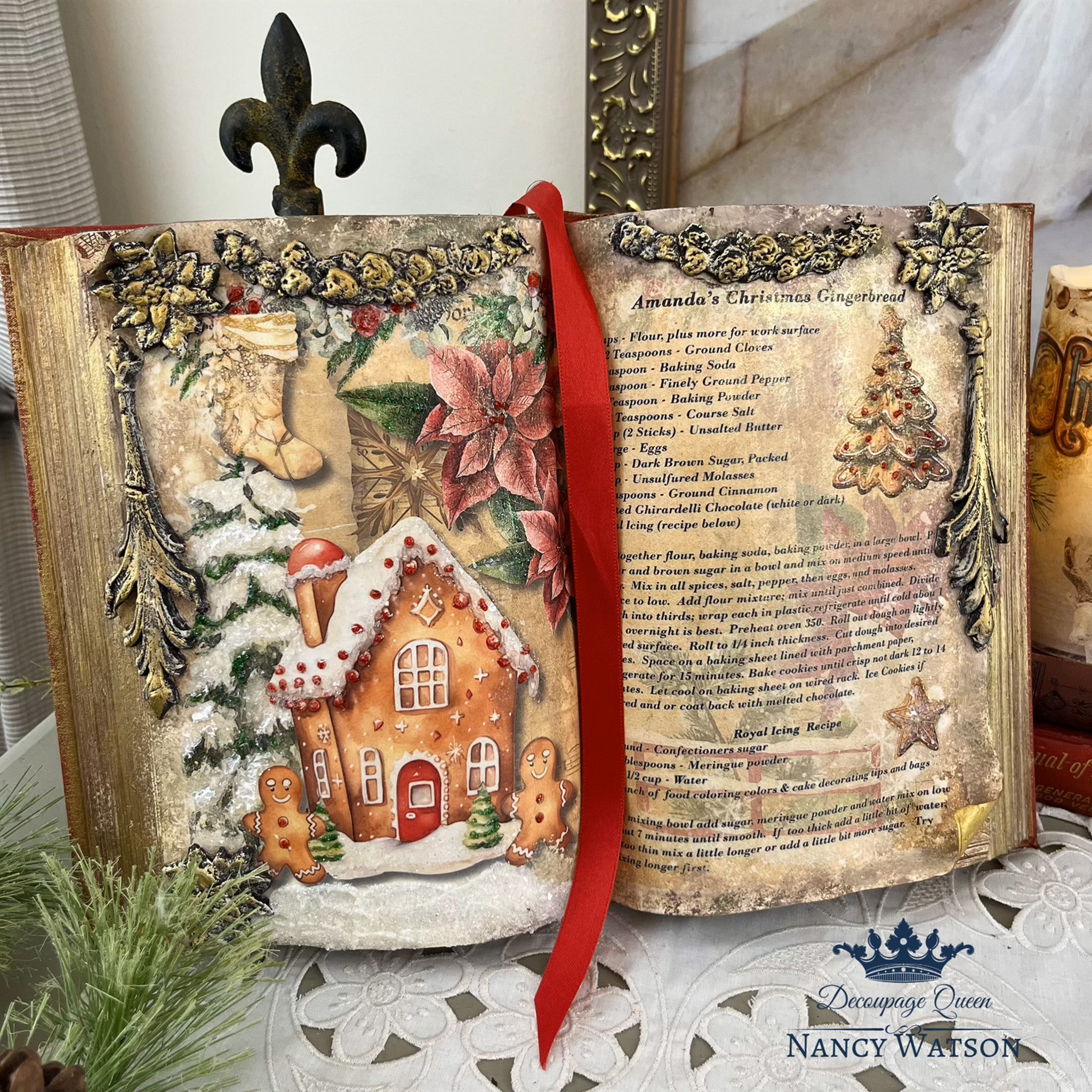 An open book turned into a decor piece features Decoupage Queen's Amanda's Gingerbread Recipe rice paper on it.