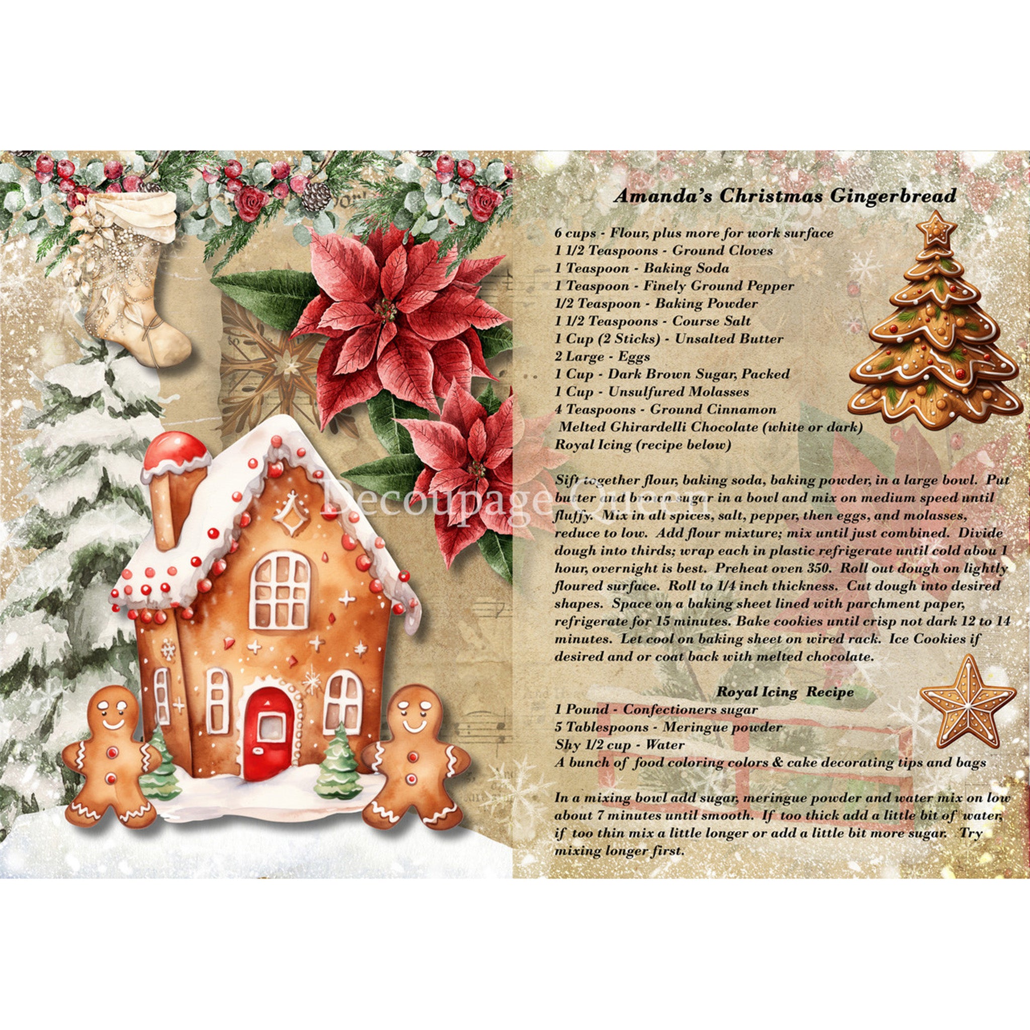 Rice paper design that features a snowy gingerbread house scene on the left side and a delicious recipe for gingerbread cookies on the right. White borders are on the top and bottom.