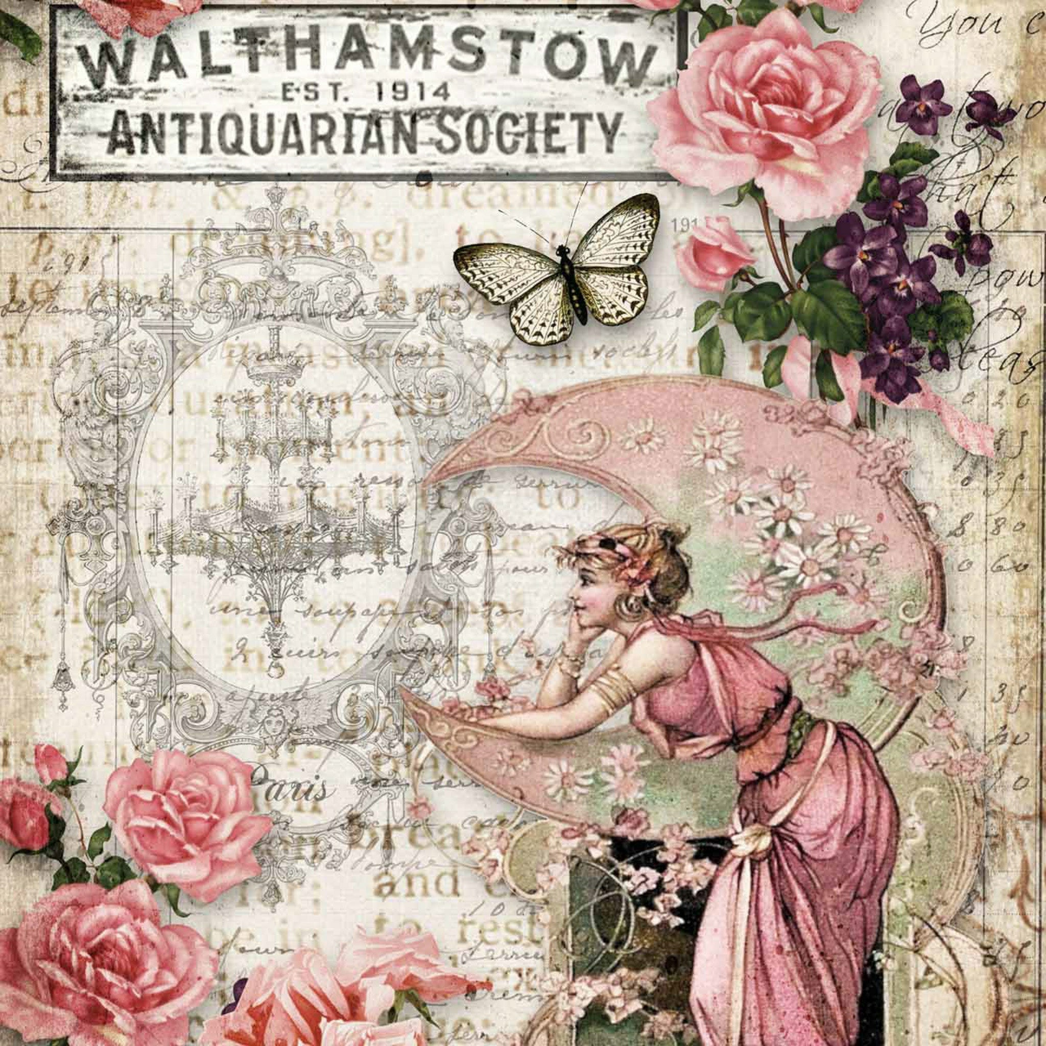 Close-up of an A2 rice paper design that features vintage parchment with writing, large pink roses, a butterfly, vintage signs, and a woman in a pink dress resting on a pale pink crescent moon.