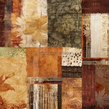 Close-up of a rice paper featuring a patchwork collage of fall leaf designs and vintage notes.