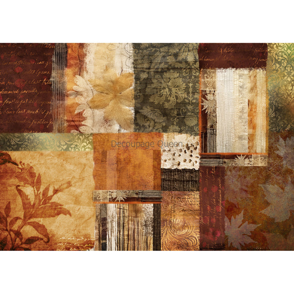 Rice paper featuring a patchwork collage of fall leaf designs and vintage notes.