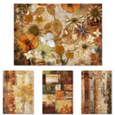 Decoupage paper featuring 4 unique Autumn designs that include flowers, patchwork, and vintage script writing.
