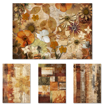 Decoupage paper featuring 4 unique Autumn designs that include flowers, patchwork, and vintage script writing.