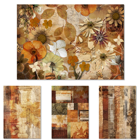 Decoupage paper featuring 4 unique Autumn designs that include flowers, patchwork, and vintage script writing.