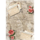 Rice paper featuring vintage sheet music, delicate pink floral accents and charming notecards. White borders are on the sides.
