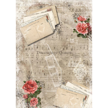 Rice paper featuring vintage sheet music, delicate pink floral accents and charming notecards. White borders are on the sides.