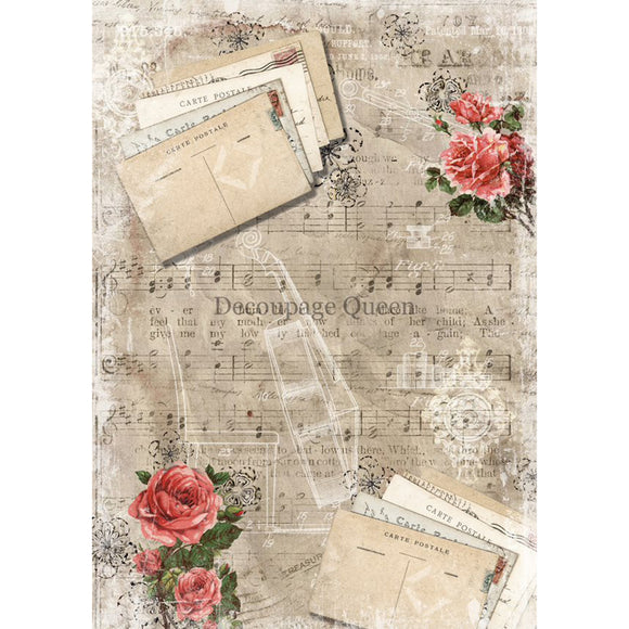 Rice paper featuring vintage sheet music, delicate pink floral accents and charming notecards. White borders are on the sides.