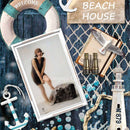 Close-up of a rice paper design of a collage of beach house decorations and a portrait of a vintage 1920's woman in a swimsuit.