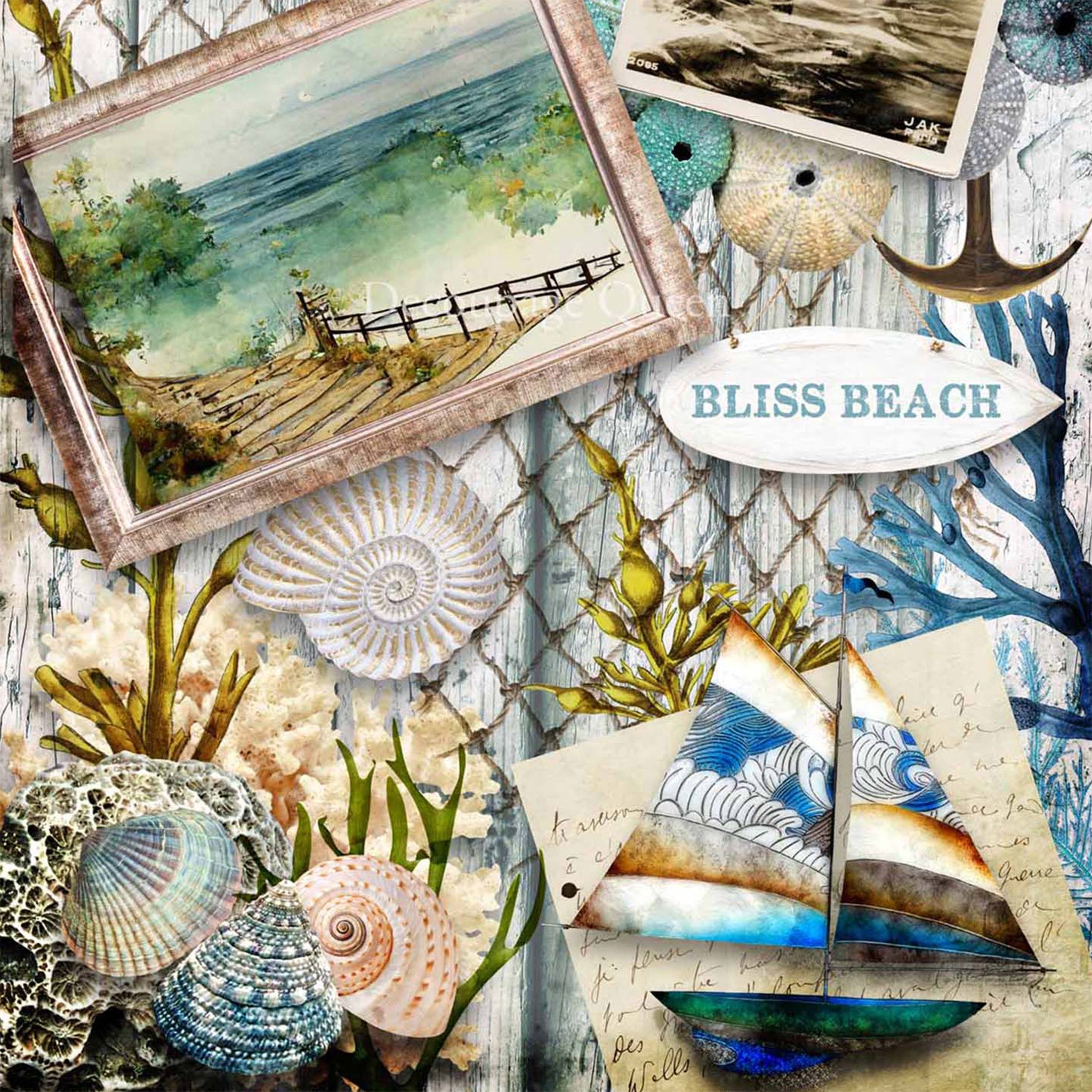 Close-up of a rice paper design that features a collage of beach items and photos against a wood and netting background.