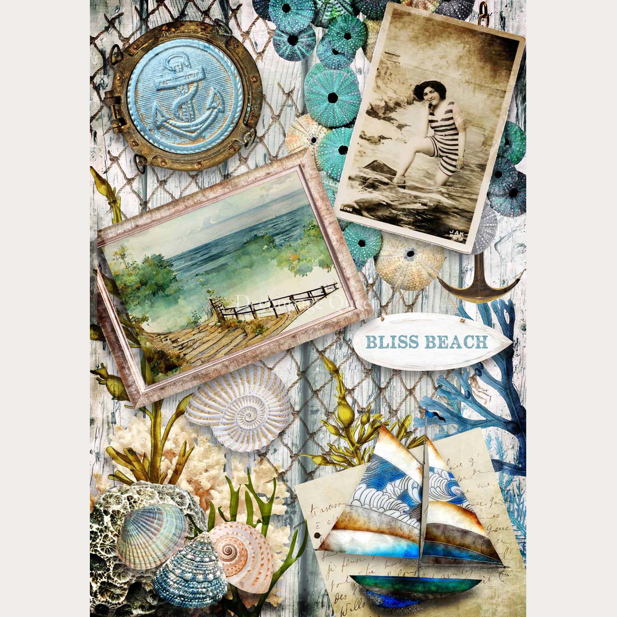 Rice paper design that features a collage of beach items and photos against a wood and netting background. White borders are on the sides.