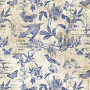 Close-up of a rice paper design that features blue stamped birds, butterflies, and vining flowers on vintage magazine paper.