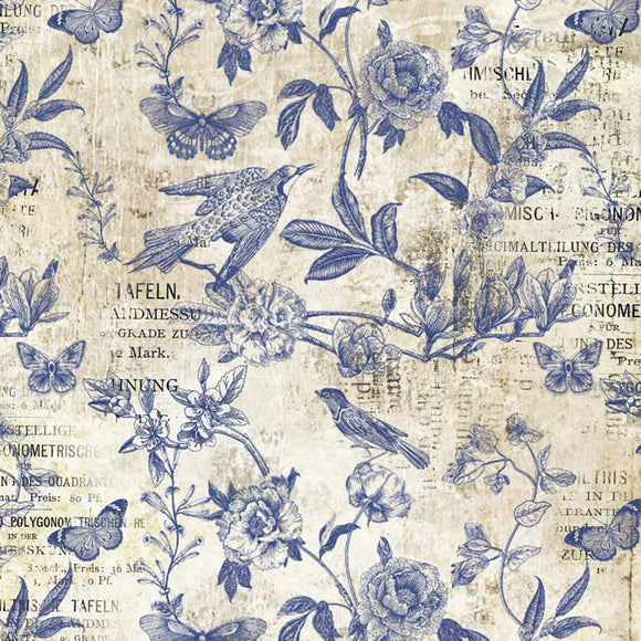 Close-up of a rice paper design that features blue stamped birds, butterflies, and vining flowers on vintage magazine paper.