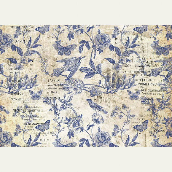 Rice paper design that features blue stamped birds, butterflies, and vining flowers on vintage magazine paper. White borders are on the top and bottom.