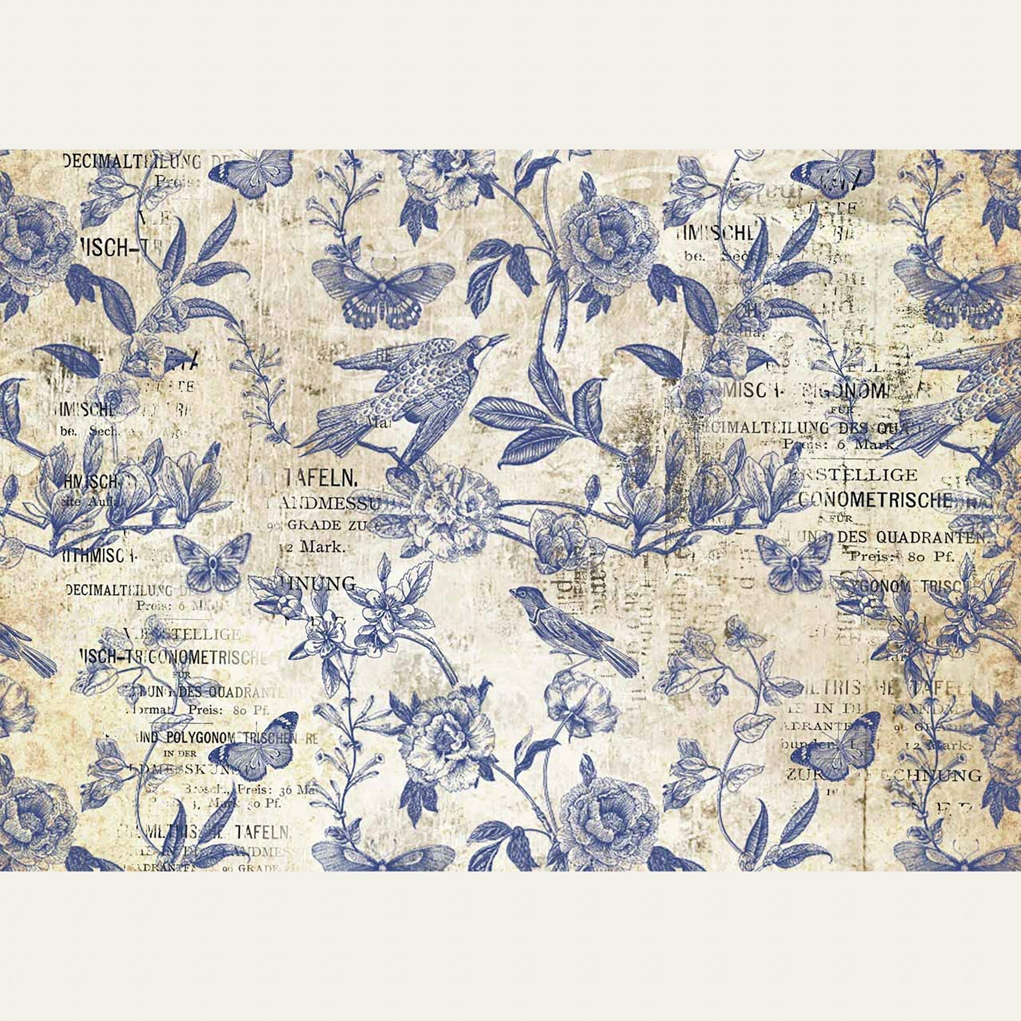 A0 rice paper design that features blue stamped birds, butterflies, and vining flowers on vintage magazine paper. White borders are on the top and bottom.