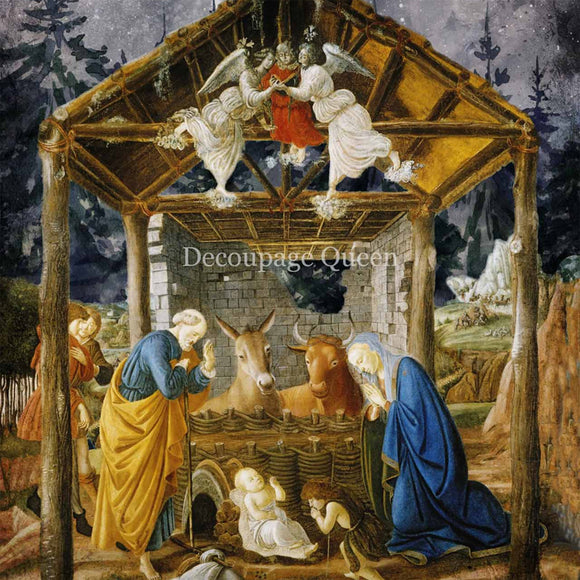 Close-up of a rice paper featuring a sweet nativity scene with Mary, Joseph, and baby Jesus in a cozy stable surrounded by farm animals and heavenly angels.