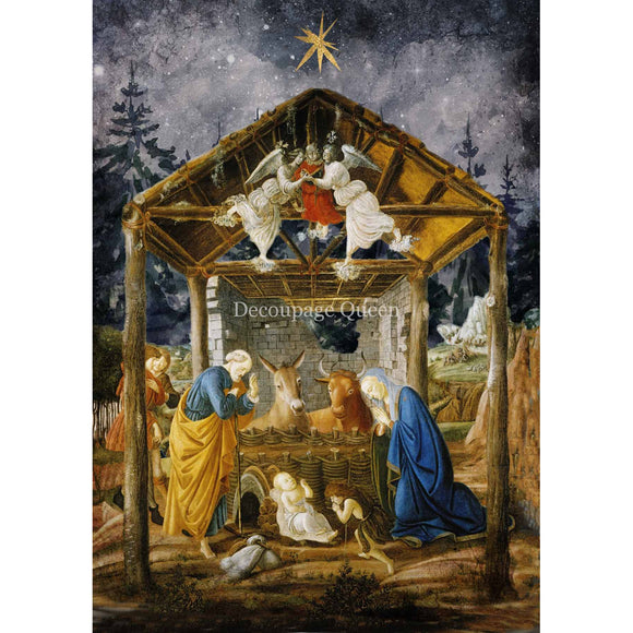 Rice paper featuring a sweet nativity scene with Mary, Joseph, and baby Jesus in a cozy stable surrounded by farm animals and heavenly angels.