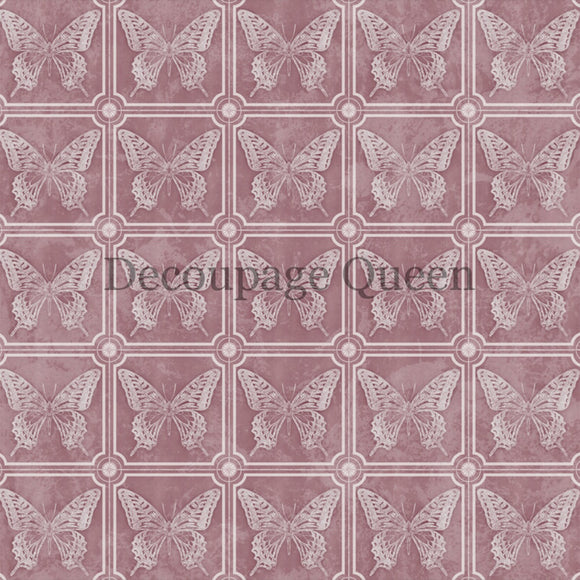 Close-up of a rice paper featuring a charming mauve butterfly tile pattern.