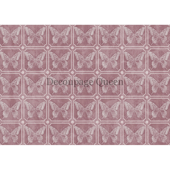 Rice paper featuring a charming mauve butterfly tile pattern. White borders are on the top and bottom.