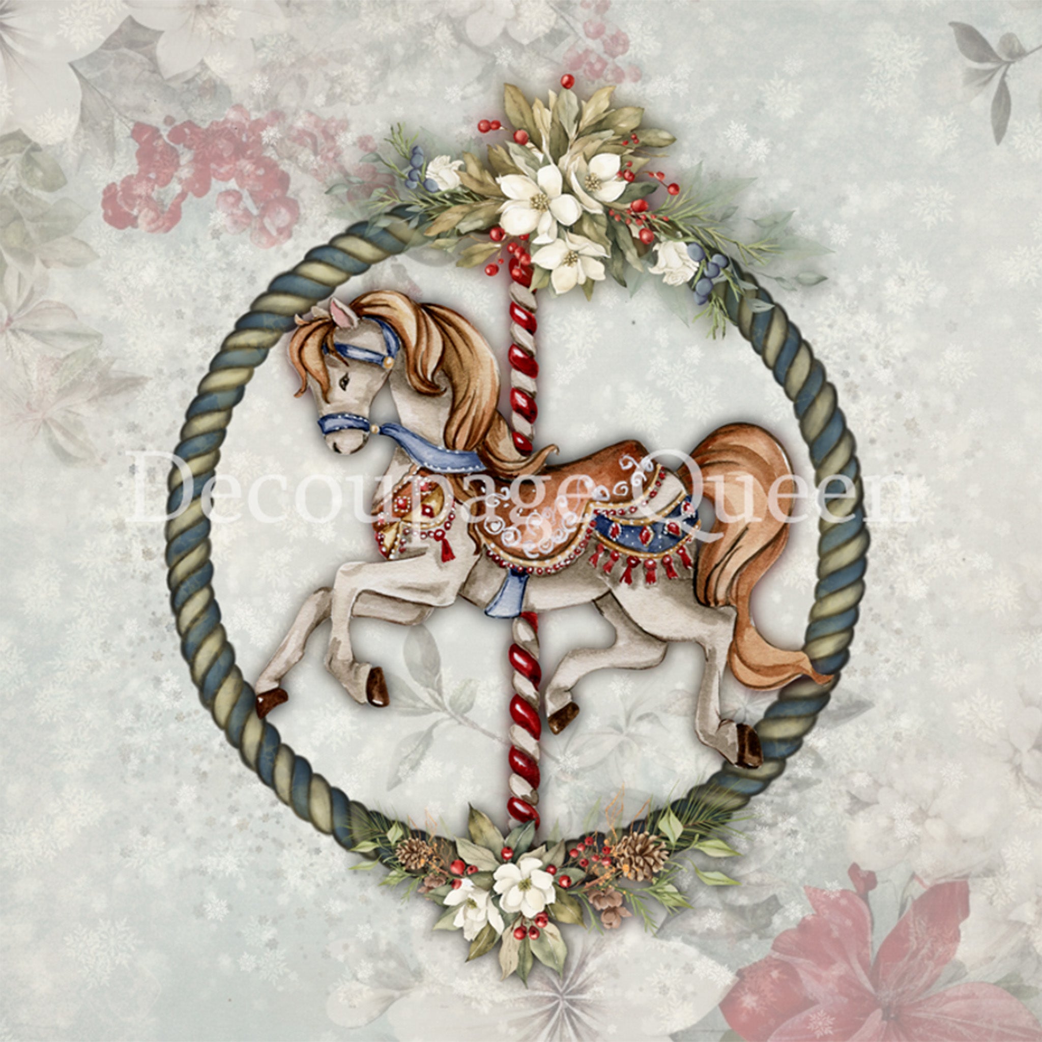 Close-up of a rice paper featuring a delightful carousel horse surrounded by a festive wreath and whimsical florals against a faded poinsettia background.