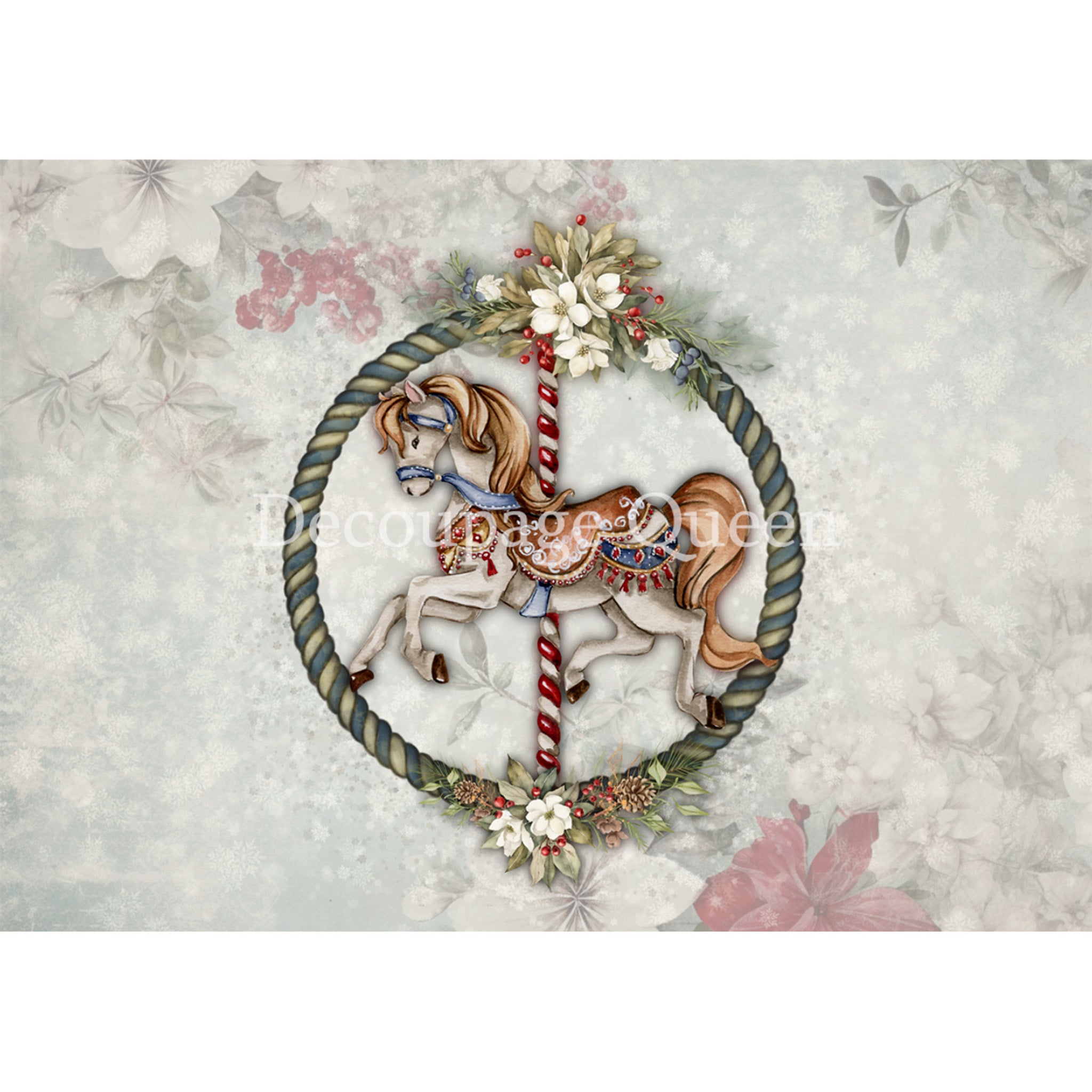 Rice paper featuring a delightful carousel horse surrounded by a festive wreath and whimsical florals against a faded poinsettia background. White borders are on the top and bottom.